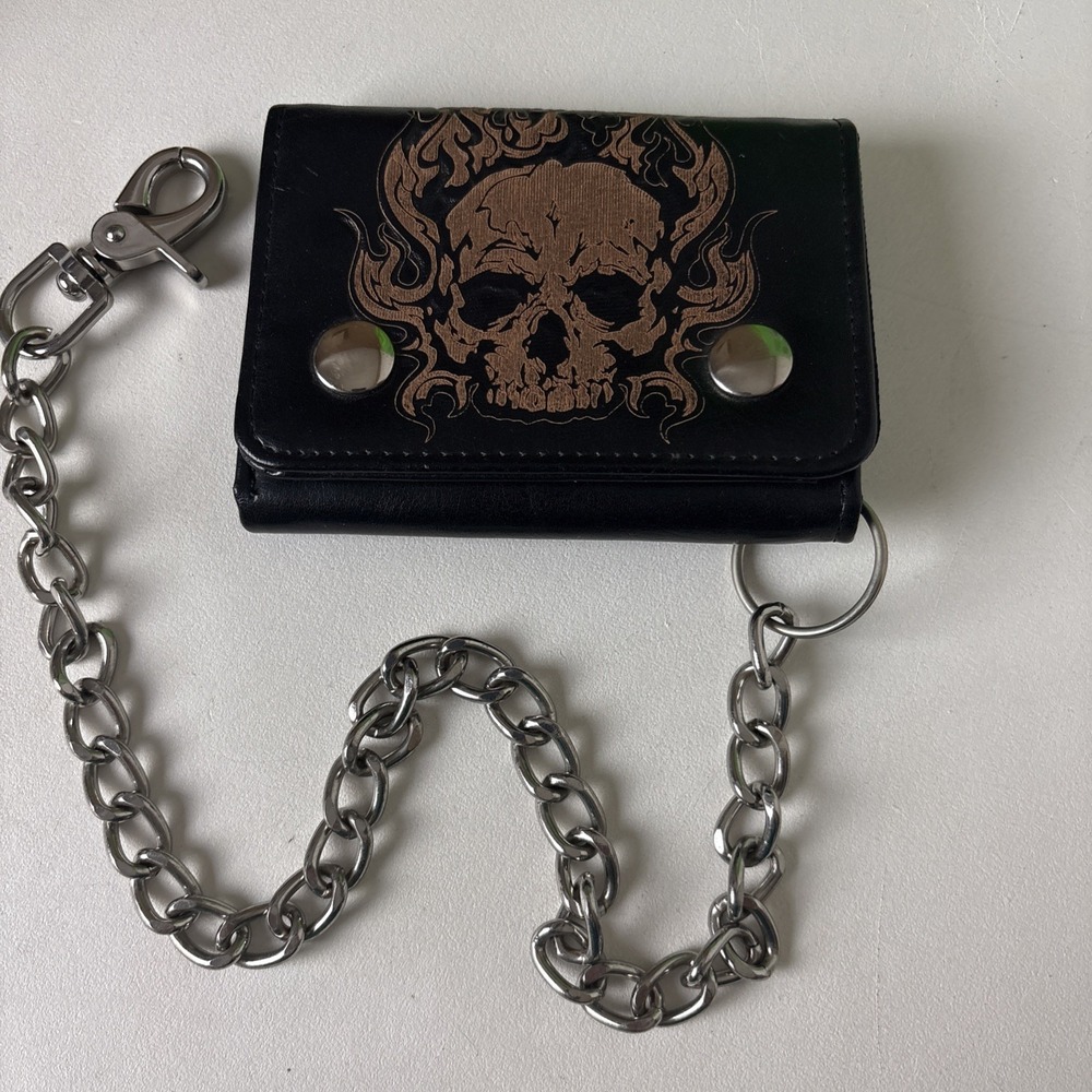 Biker Chain Wallet Black w Skull Trifold Faux Leather Snap Closure Motorcycle